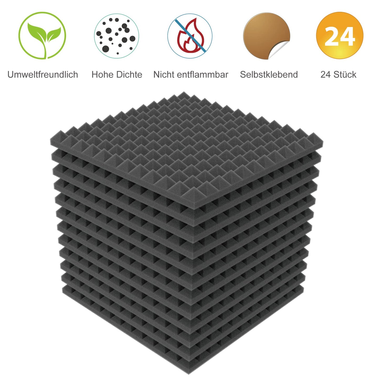 24 pieces of self-adhesive acoustic foam, pyramid foam, high-density 25kg/m³ convoluted foam, foam panel, soundproofing sound absorber for recording studio, office, home office 30x30x2.5cm