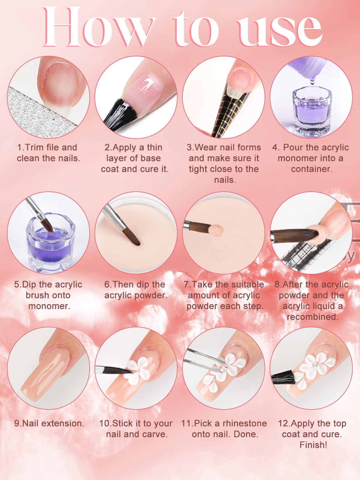 EBANKU acrylic powder set, 24 colors of professional acrylic nail powder for nail acrylic extension, nail carving, durable, no nail lamp required.