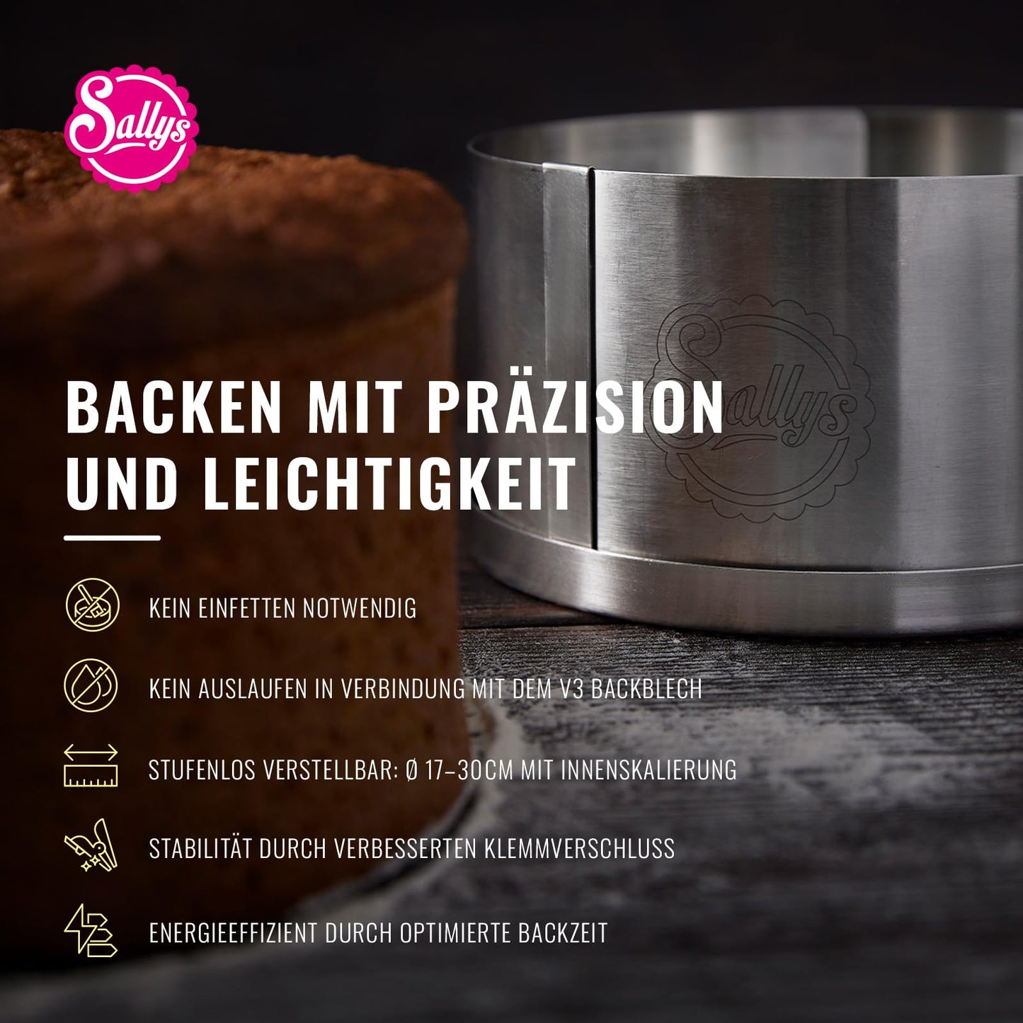 Sally's cake ring 10 cm - diameter adjustable 17-30 cm - baking pan made of stainless spring band steel - with scaling & clamp closure - dishwasher safe