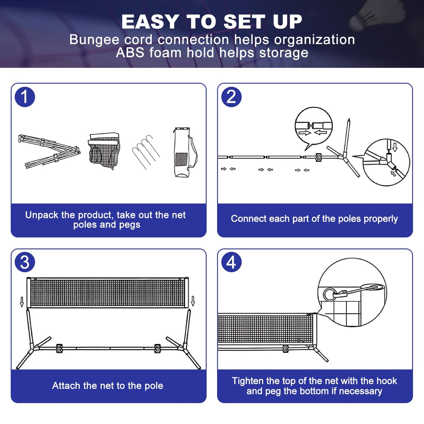 BAGAIL badminton net, foldable nylon net, adjustable stand and carrying bag, easy to set up and take down, ideal sports net for tennis, badminton, or volleyball.