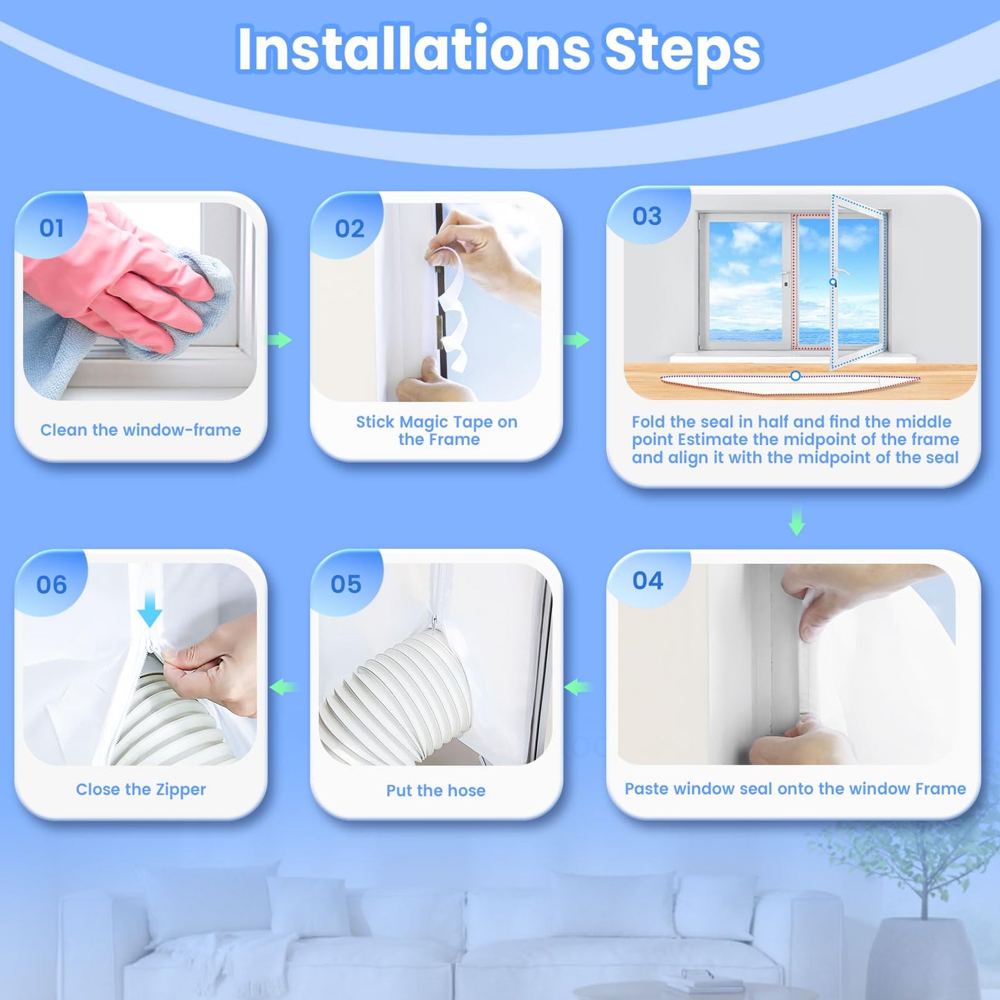 Air conditioner window seal, window seal for portable air conditioners, dryers, exhaust dryers, 400CM (157") Hot Air Stop for windows, Double Zip for skylights, casement windows.