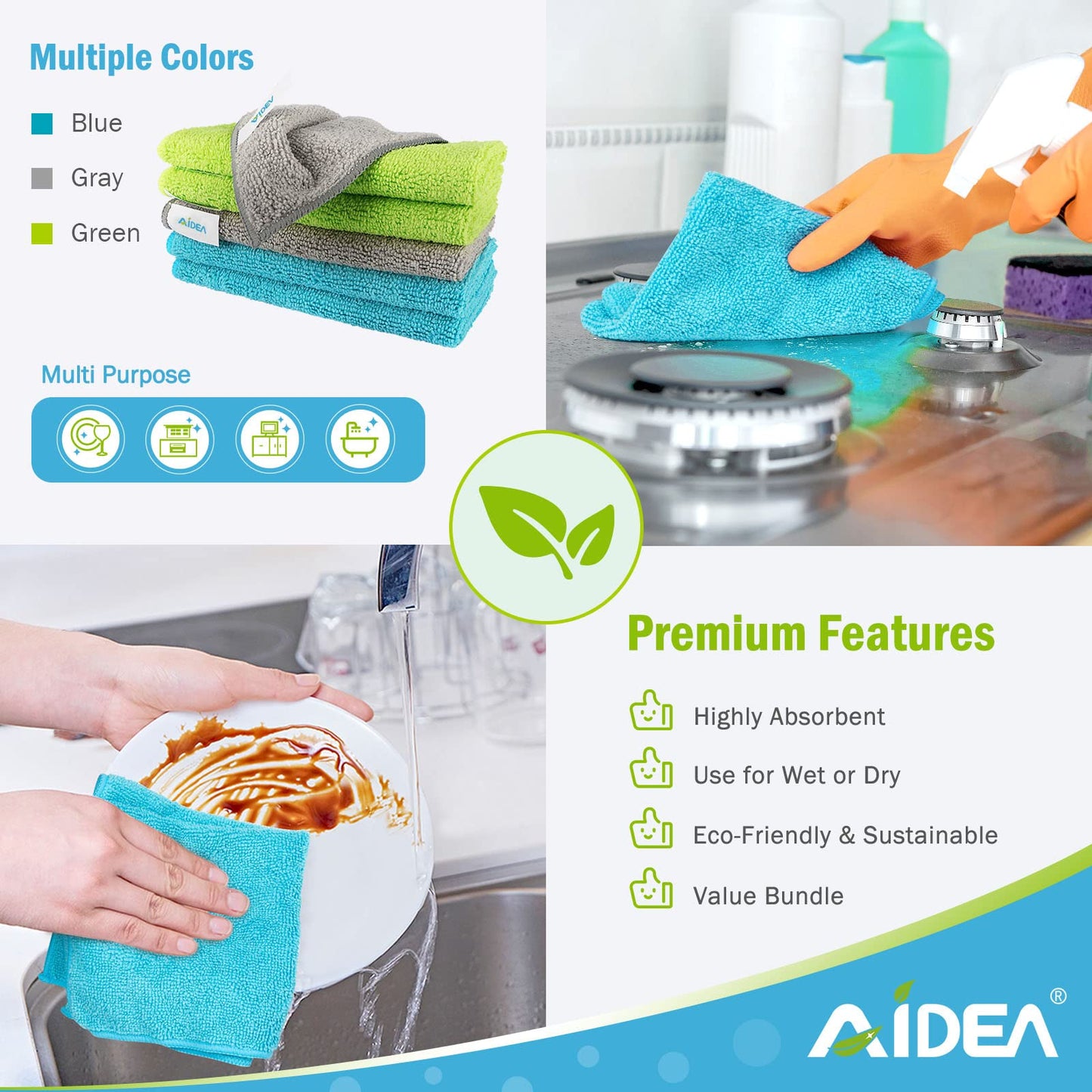 AIDEA Microfiber Cleaning Cloths 50 Pack, Microfiber Towels Dish Cloths Cleaning Rags Wiping Cloths Window Cloths, Soft Very Absorbent Lint Free Streak Free, For Home, Kitchen, Car, 30 x 30cm