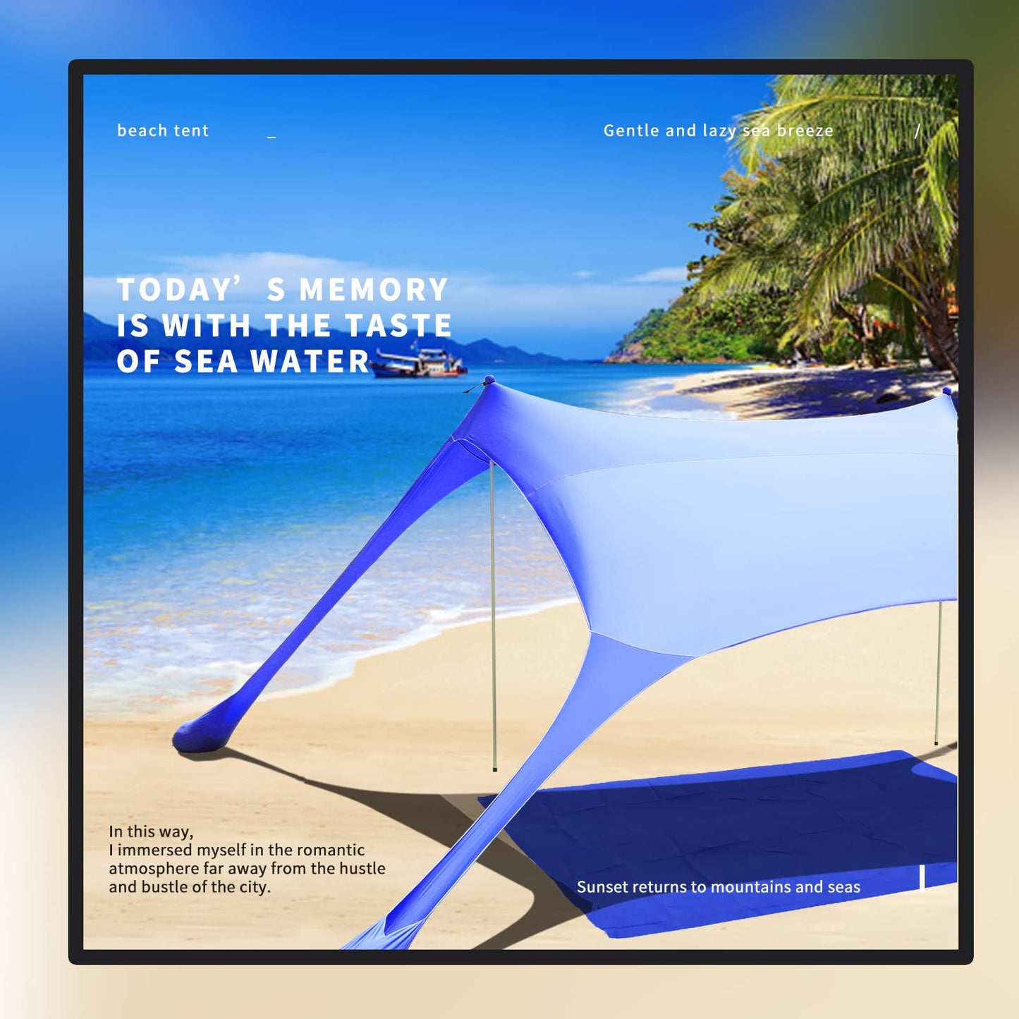 Cuupo beach tent, pop-up, 2x2.1m, SPF 50, Lycra, outdoor sun protection, anti-wind, stability poles, backyard with beach blanket, royal blue.