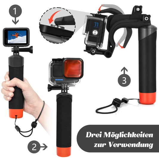 Accessory set for GoPro Hero 12 11 10 9 Black, oGoDeal waterproof protective case housing underwater floating hand grip screen protector red filter, one-handed underwater photo series set.