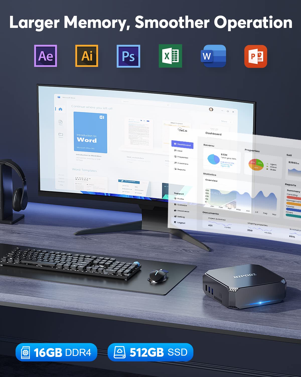 NiPoGi AK2 Plus Mini PC, Ιntel Alder Lake-N100 (up to 3.40 GHz, TDP 6 W), 16GB DDR4 512GB M.2 SSD Mini Desktop Computer, 2X HDMI, 4K UHD Dual Display Micro PC with VESA/RJ45/Dual WiFi