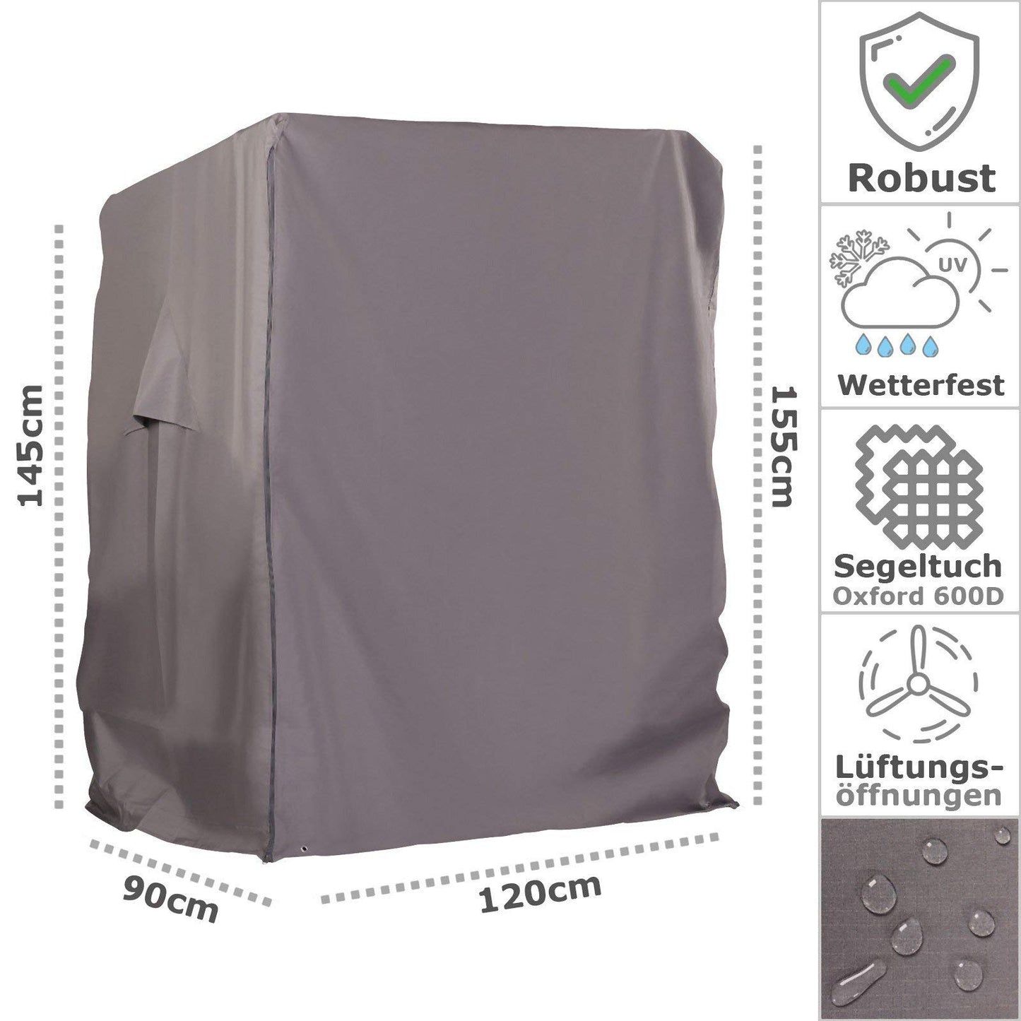 Hanse Beach Chair Cover made of 600D Oxford fabric with extra flexible velcro closure, Premium Beach Chair Cover 120cm wide in gray.
