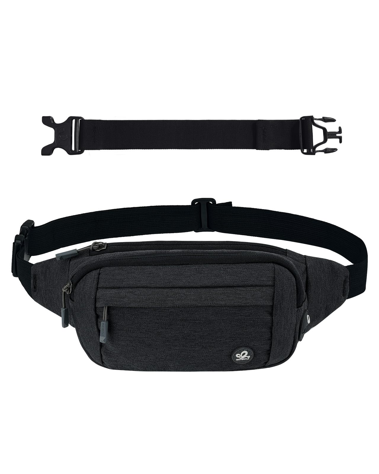WATERFLY Waist Bag for Men and Women: Small Belt Bag Sport Bum Hip Bag for Men Women Waist Fanny Pack with Extension Belt for Travel Hiking Dog Training Outdoor Black Gray