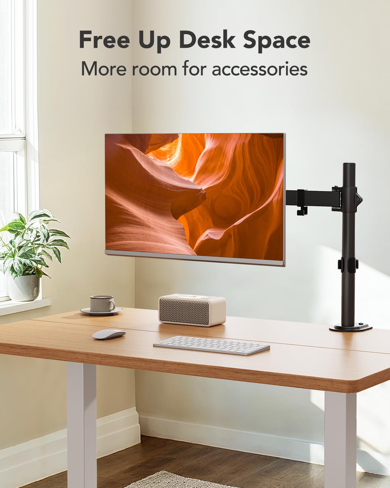 HUANUO monitor mount for 13-32 inch screens, monitor stand adjusts height, tilt, swivel, and rotate, 2 mounting options, VESA 75 & 100 mm.