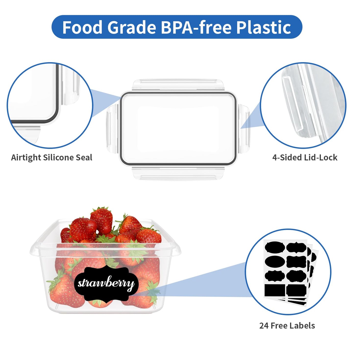 32-piece set of Withosent airtight plastic food containers with lids (16 containers + 16 lids). Perfect for storing food in the fridge, freezer, or microwave. Available in various sizes ranging from 1L to 350ml.