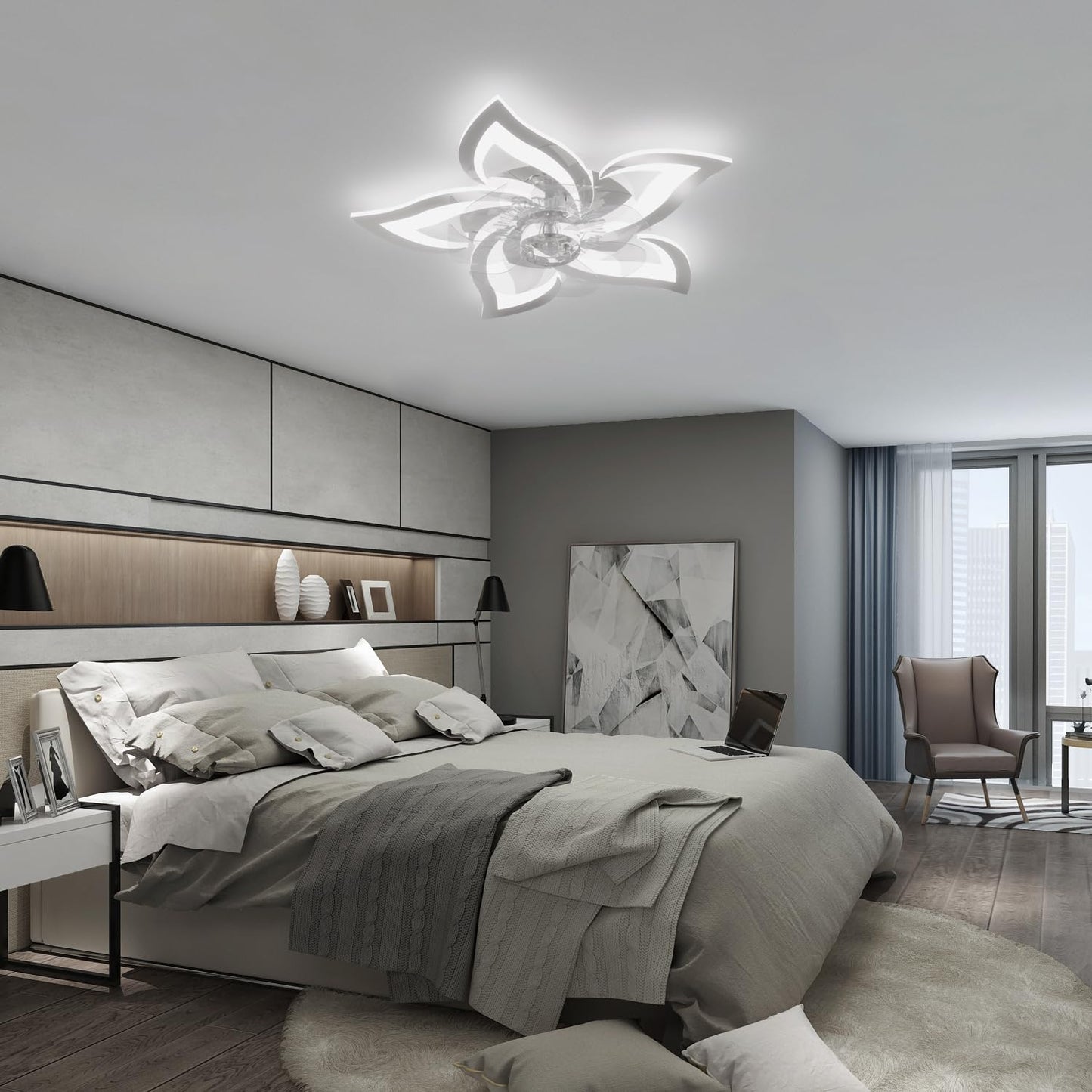 YUNLONG ceiling fan with lighting and remote control. Quiet chrome ceiling lamp with fan. Reversible DC motor, dimmable. Ceiling fan with 6 speeds for summer and winter operation.
