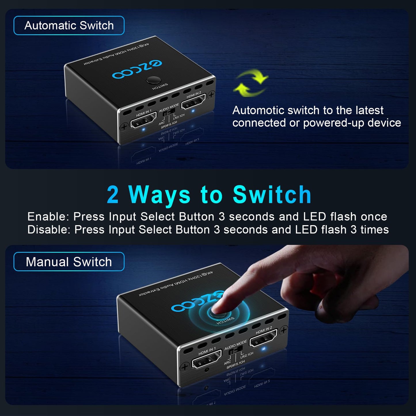 4K 120Hz HDMI 2.1 audio extractor 2X1 VRR ALLM HDCP2.3 HDR10 ARC CEC audio extractor switch 2 IN 1 OUT audio converter HDMI to HDMI SPDIF optical stereo L/R Dolby Digital EDID for PS5 XBOX NVIDIA