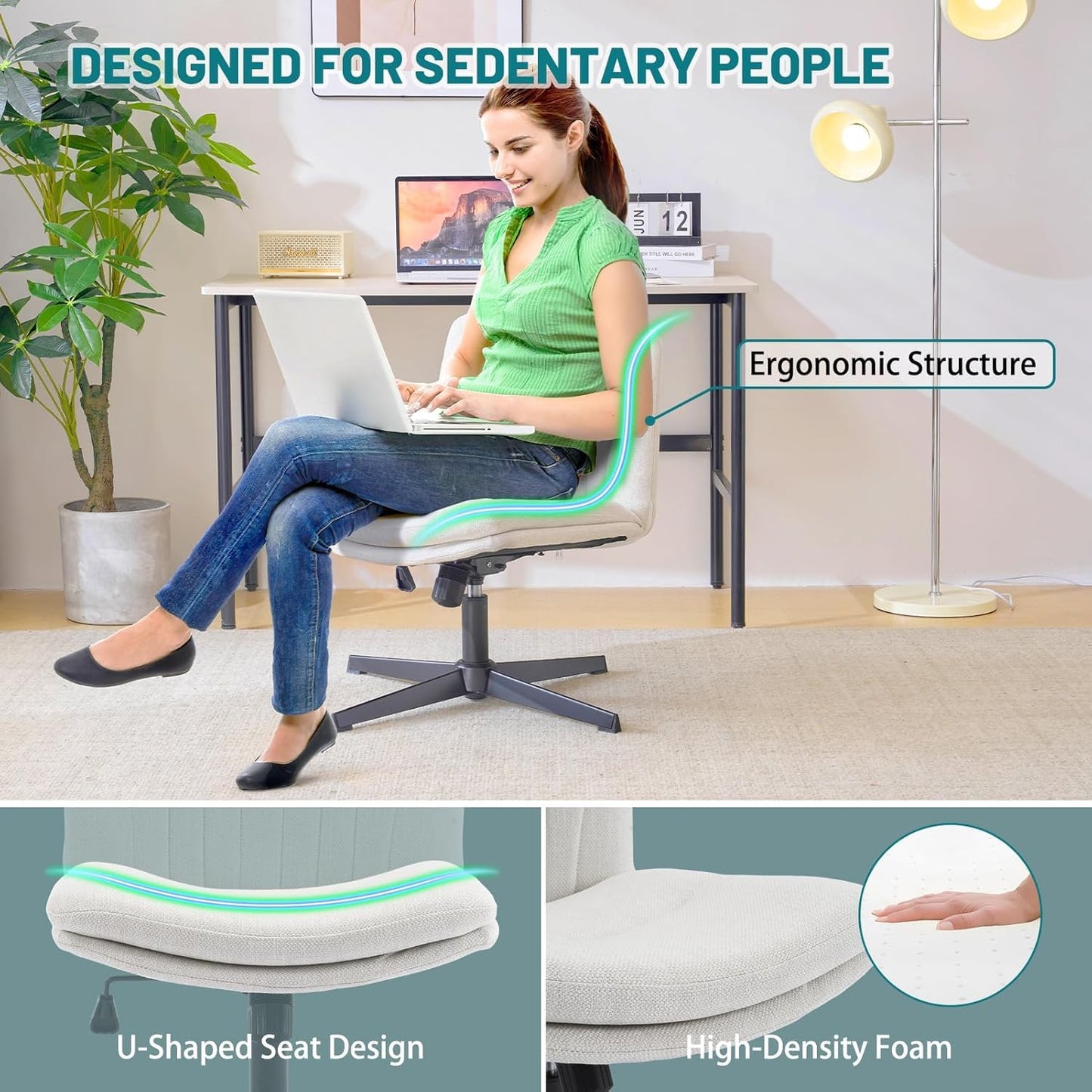 Office chair without armrests, height adjustable armless desk chair, rocking function, crossed comfortable swivel chair, ergonomic makeup chair, 360° tailor seat (White Linen)