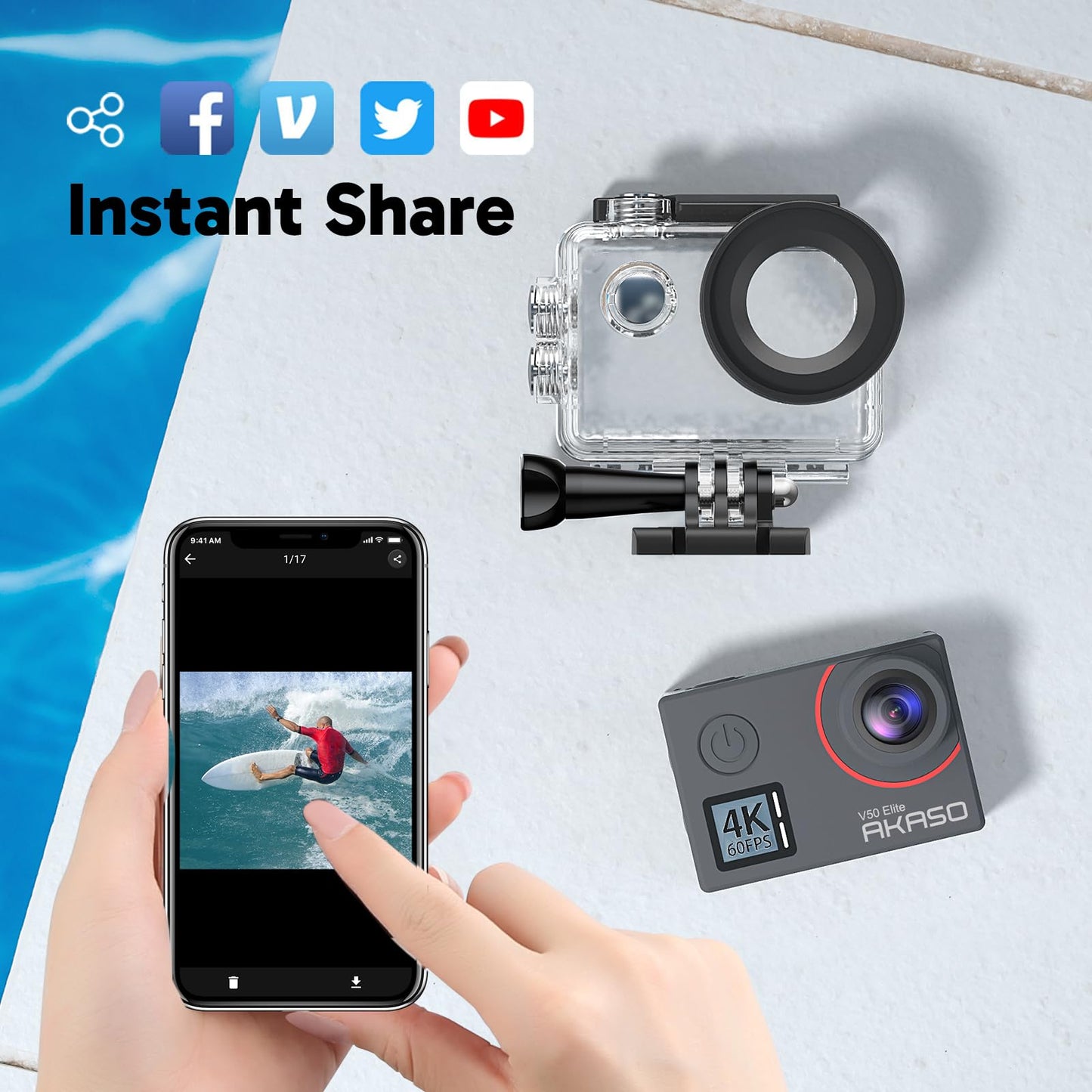 AKASO Action Cam 4K60FPS 40M underwater camera 20MP WiFi Action Camera with touchscreen EIS with 8X zoom voice control remote control accessory kit sports camera (V50 Elite)