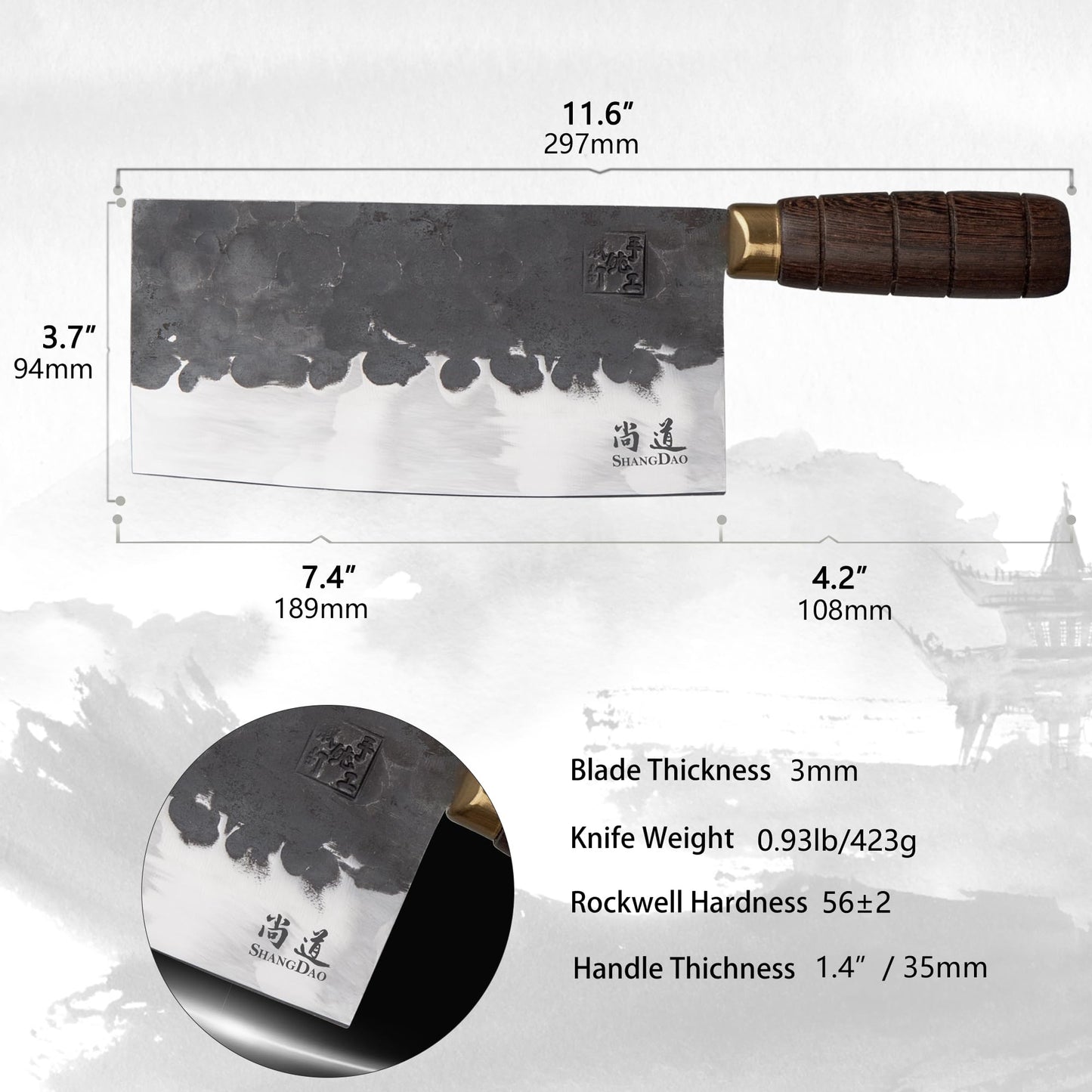 SHANGDAO cleaver, 19 cm high-performance razor-sharp butcher cleaver kitchen knife, cleaver made of carbon steel, forged blade and wooden handle