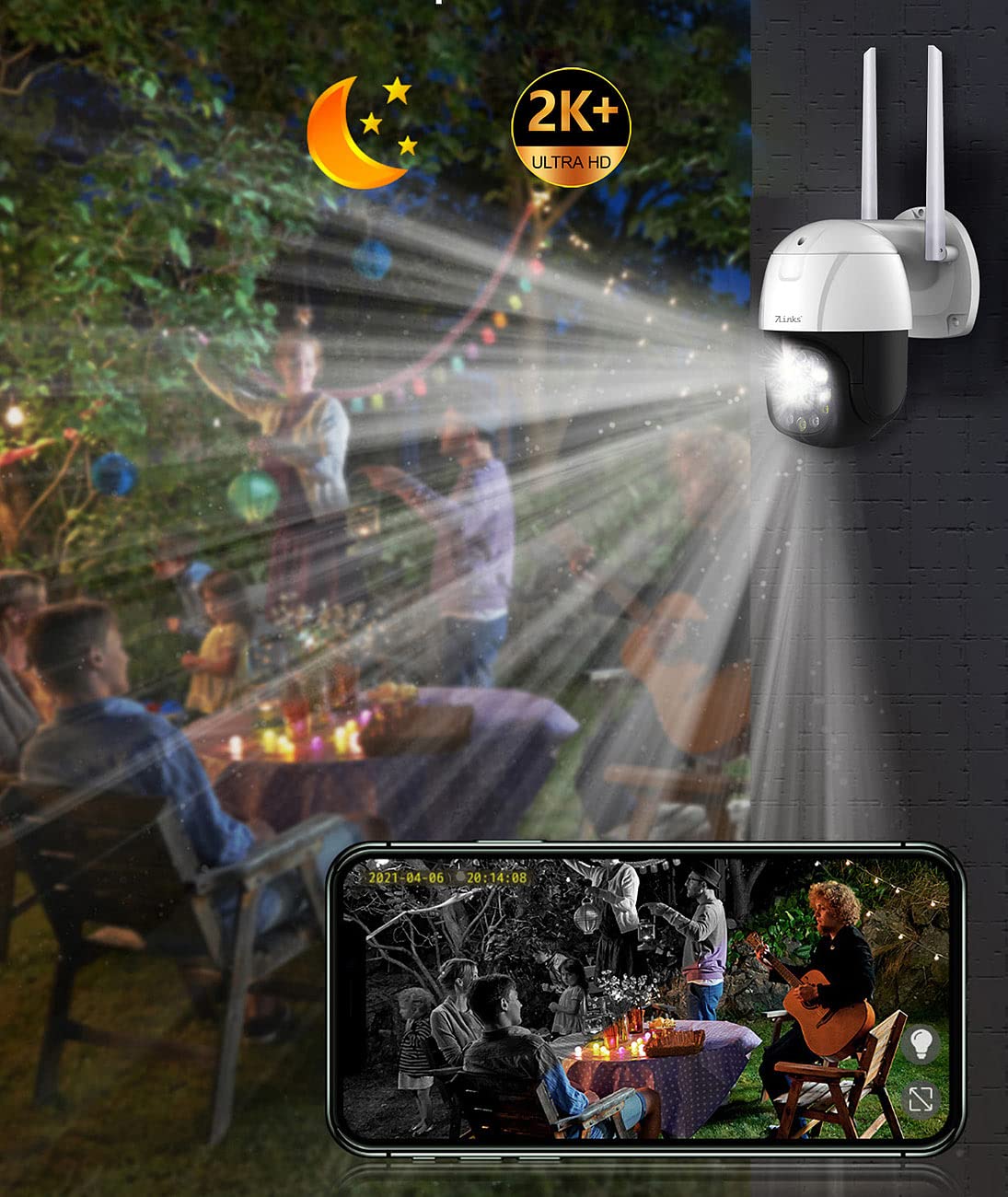 7links dome camera: PTZ IP surveillance camera, 2K+, 5X optical zoom, IR, WiFi, 64GB, app (LAN camera, outdoor WiFi camera, wireless motion detector)