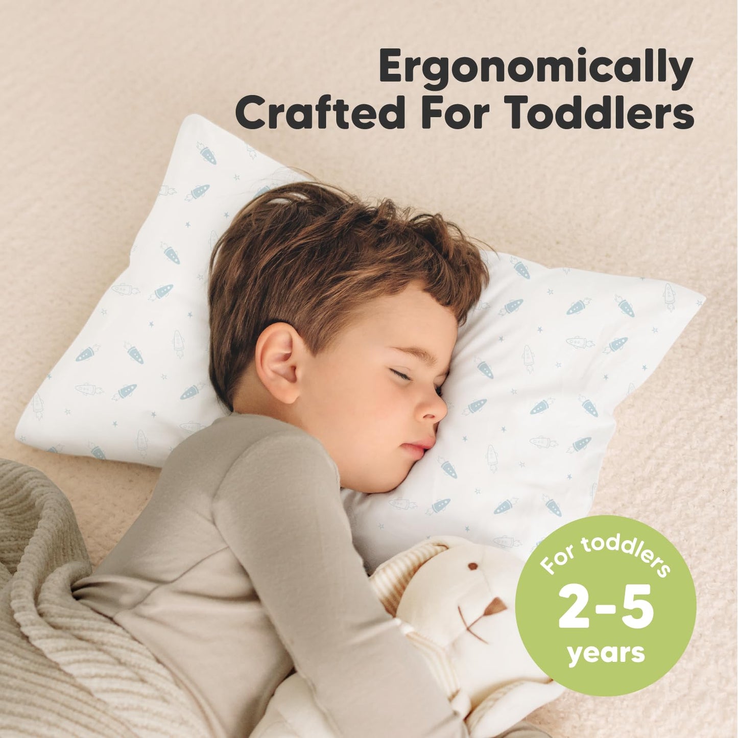2-pack Toddler Pillow 33 x 45 cm - Soft Organic Cotton Pillow Kids - Toddler Head Pillow for Sleeping - Small Children's Pillow - Kids Pillow for Toddlers - Children's Pillow (Spacecrafts)