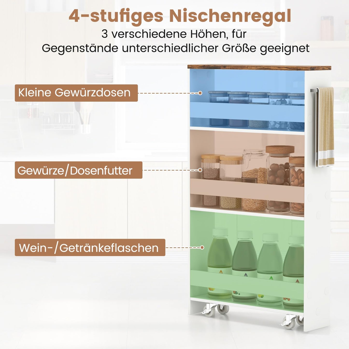 GIANTEX 13cm wide niche shelf, kitchen shelf kitchen cabinet kitchen trolley, niche cabinet niche trolley on wheels, bathroom shelf rolling cart wood 4 tiers, slim shelf for kitchen, 47.5 x 13 x 80.5 cm
