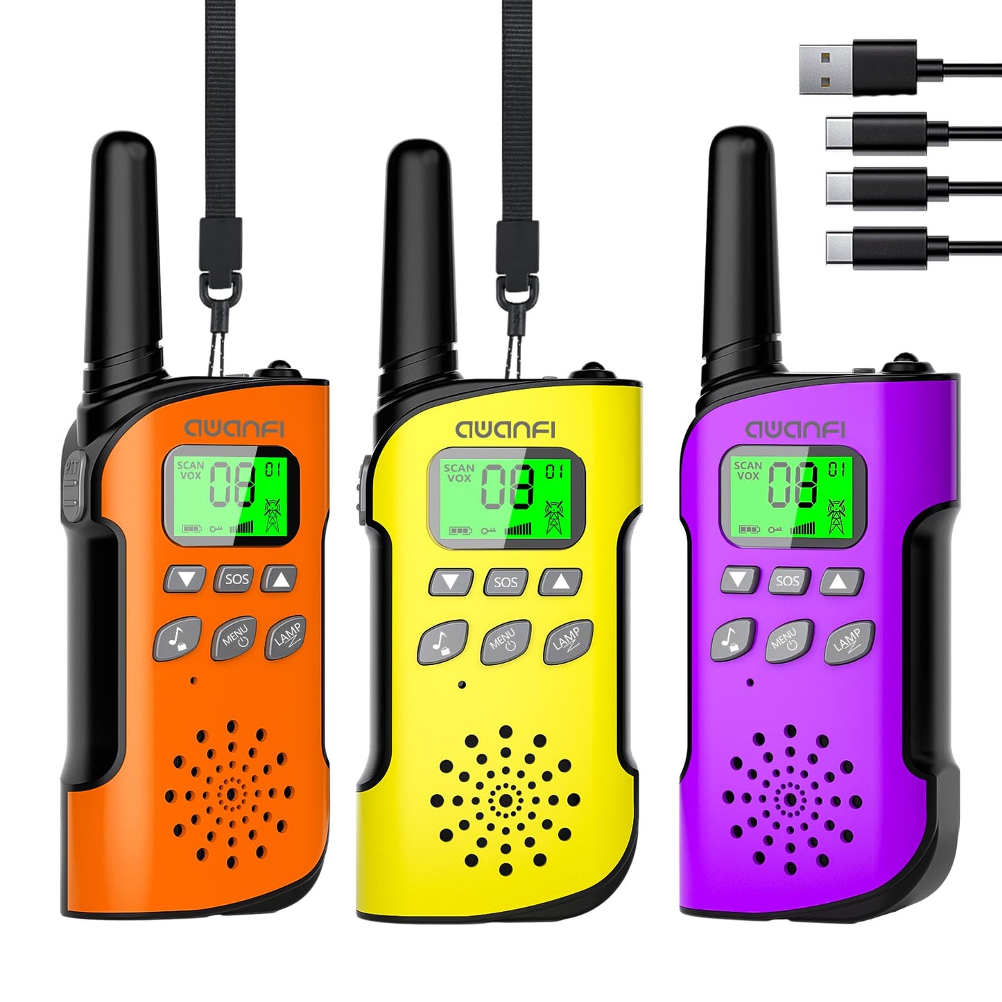 AWANFI Walkie Talkie Kids 3-Pack, Rechargeable Walkie Talkie with Li-ion Battery, Two-Way Radio with VOX, Flashlight, Walkie Talkie Camping Adventure, Gift for Kids aged 3-12.