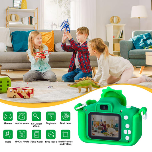 Pllieay Kids Camera Digital Camera with 32GB Card, 1080P HD, 5 Games, Dual Lens Children's Camera for Kids 3+ years.