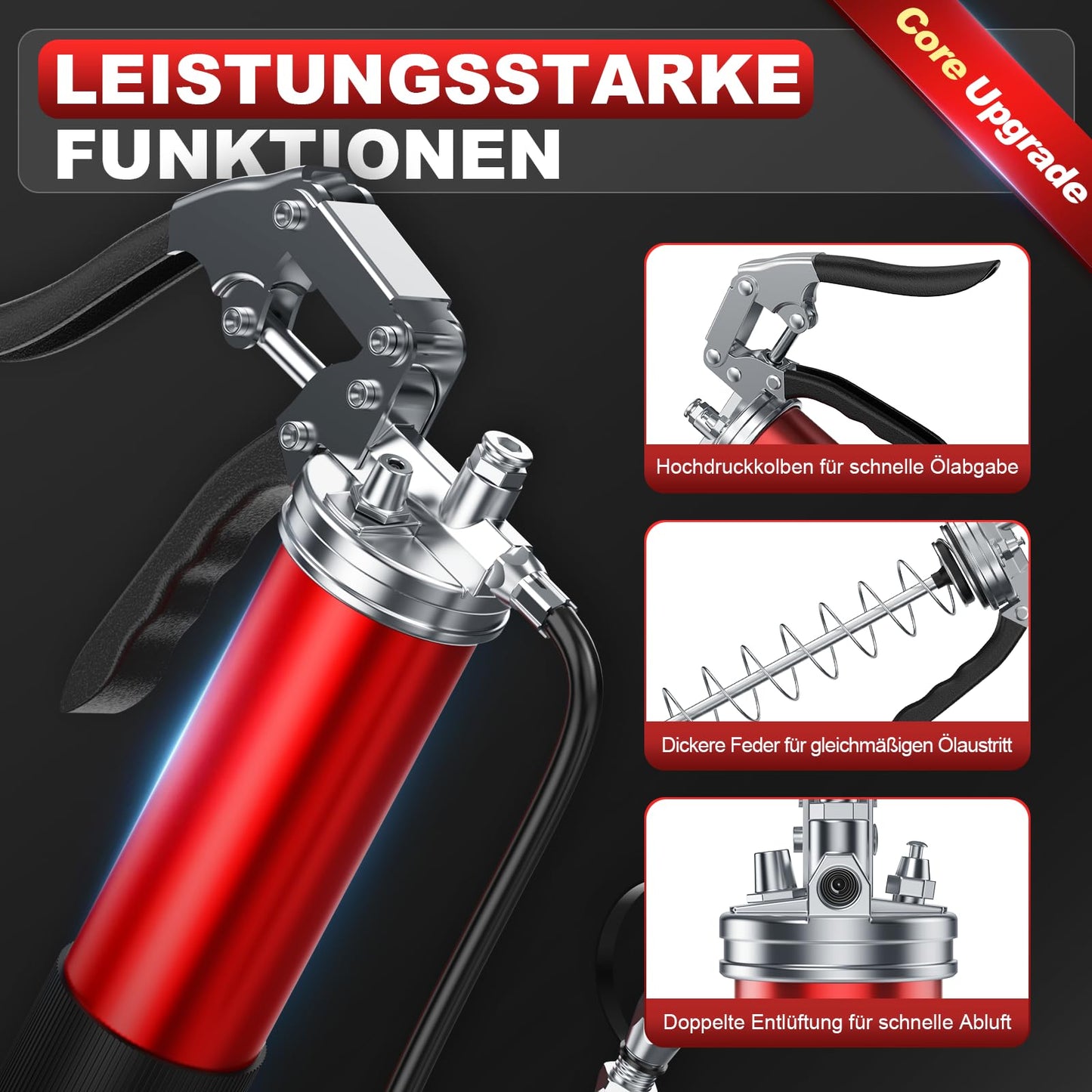 Amyzaval's grease gun for grease nipples, 8000PSI hand grip one-handed grease gun, heavy-duty barrel with grease gun nozzle, flexible hose and metal tube, grease gun for 400g cartridges, red