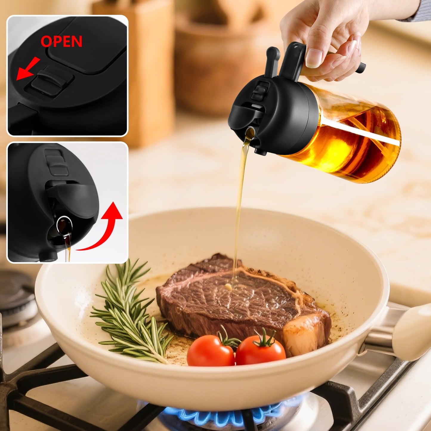 SWEET VIEW 2 in 1 Oil Sprayer for Cooking, 470ml Glass Oil Bottle/Olive Oil Spray Bottle for Salad, Grilling, and Air Fryer (Black, Black)