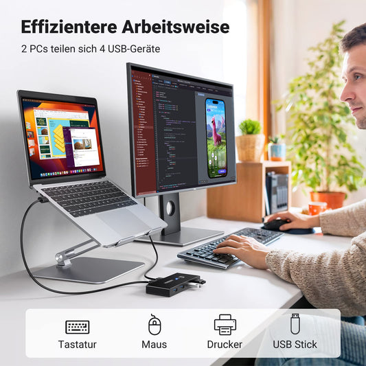 UGREEN USB Switch 2PC 2 In 4 Out USB 3.0 Switcher with 2 A to A cables for keyboard, mouse, printer, scanner, etc.