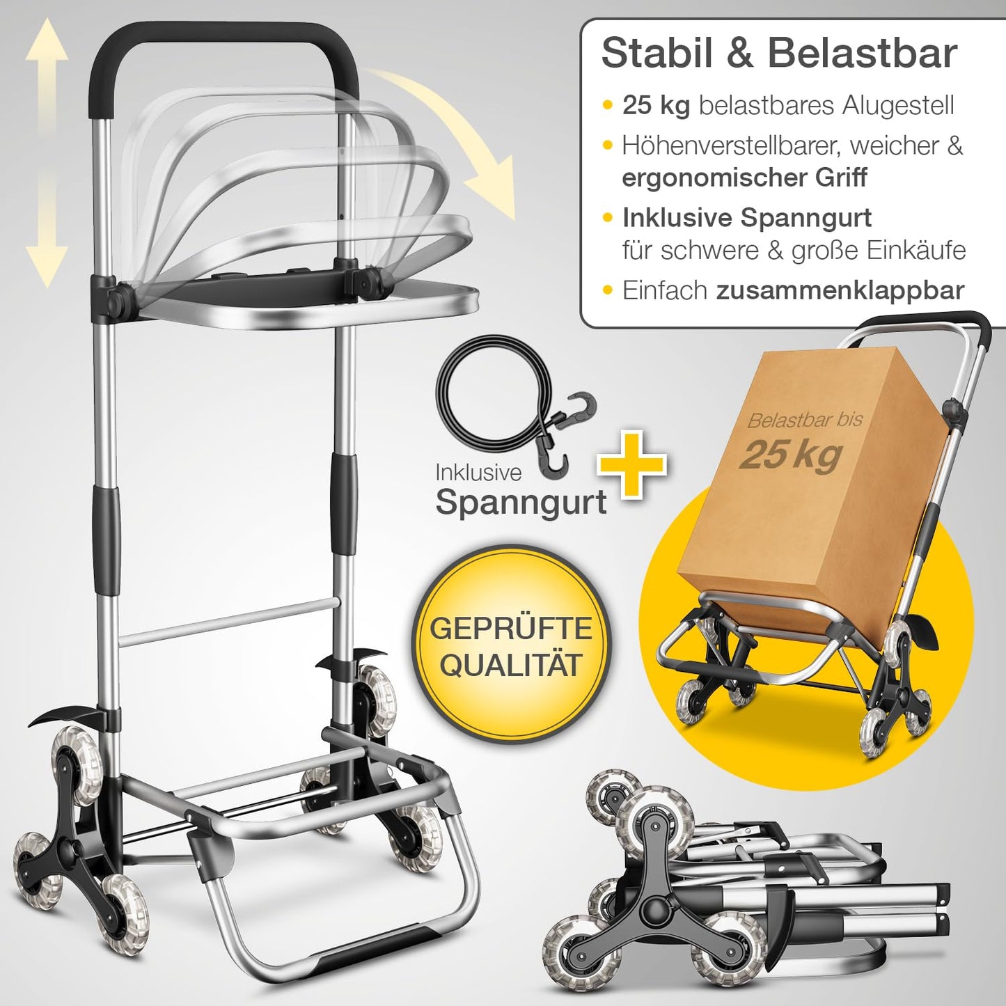ELONEO Shopping Trolley with cooler compartment, foldable shopping cart for stairs, height adjustable, with reflectors, removable 43 L bag, stair climber (Grey)