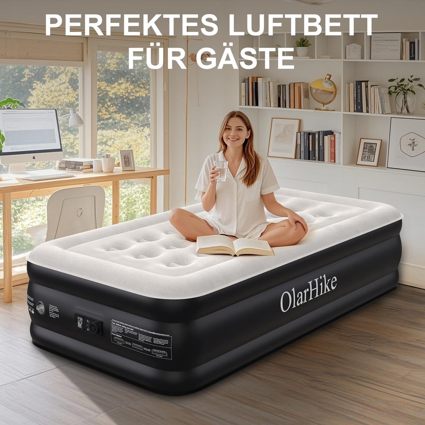 OlarHike air bed for 1 person, self-inflating air mattress with integrated pump, self-inflatable guest bed, guest mattress, inflatable mattress for camping or home use - 198 x 102 x 46 cm
