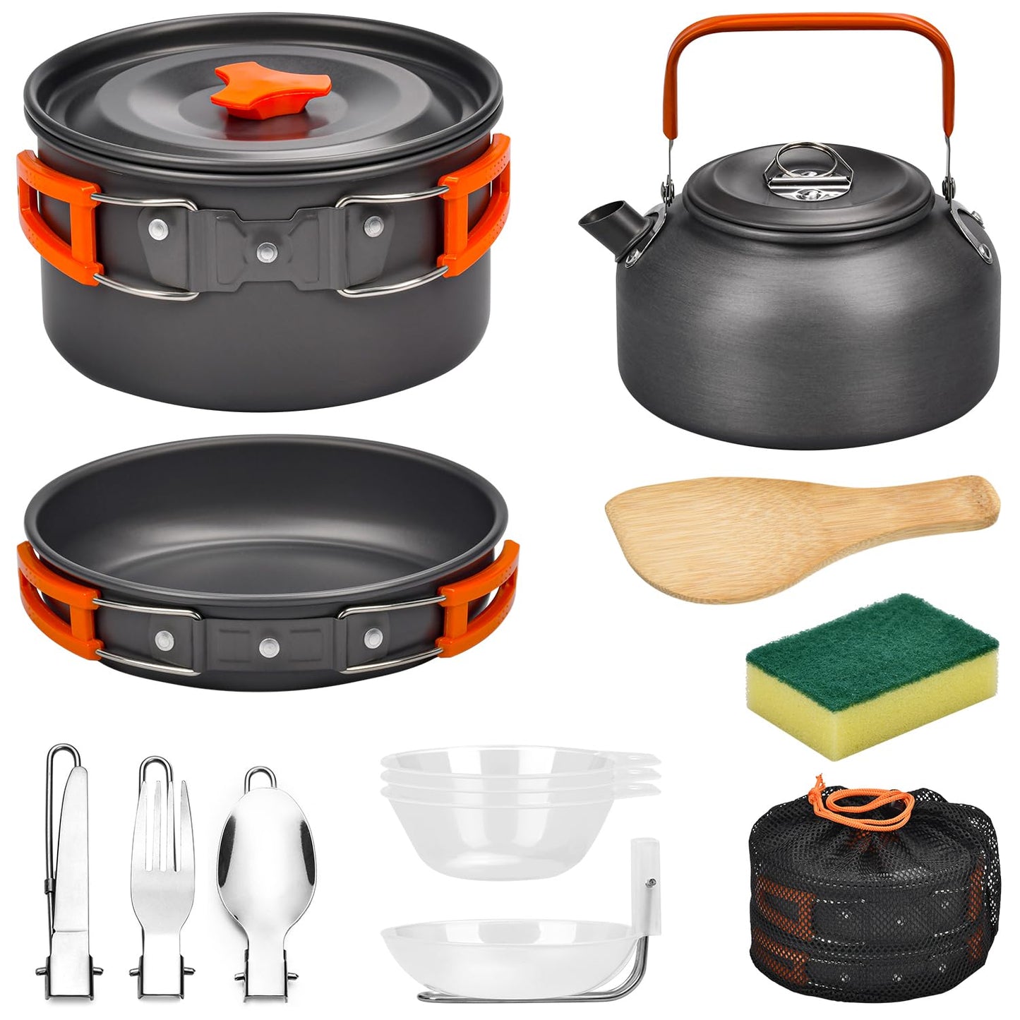 Onherm 13-Piece Camping Cookware Set, Foldable Outdoor Dinnerware Set with Camping Pot, Camping Pan, and Teapot for Hiking Outdoor Cooking Picnic 1-4 Person