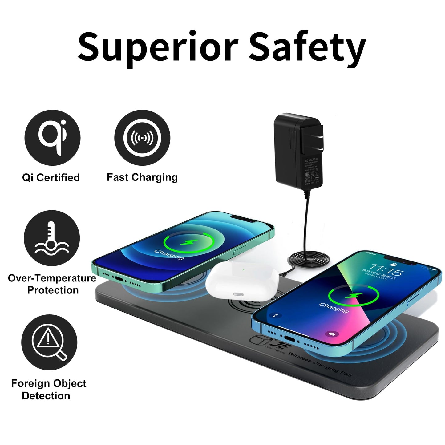 3-in-1 Wireless Charger Pad, 15W Max Inductive Charging Station for Apple iPhone 16/15/14/13/12/Pro/Max Qi Triple Wireless Charger for AirPods, Black (With Adapter)