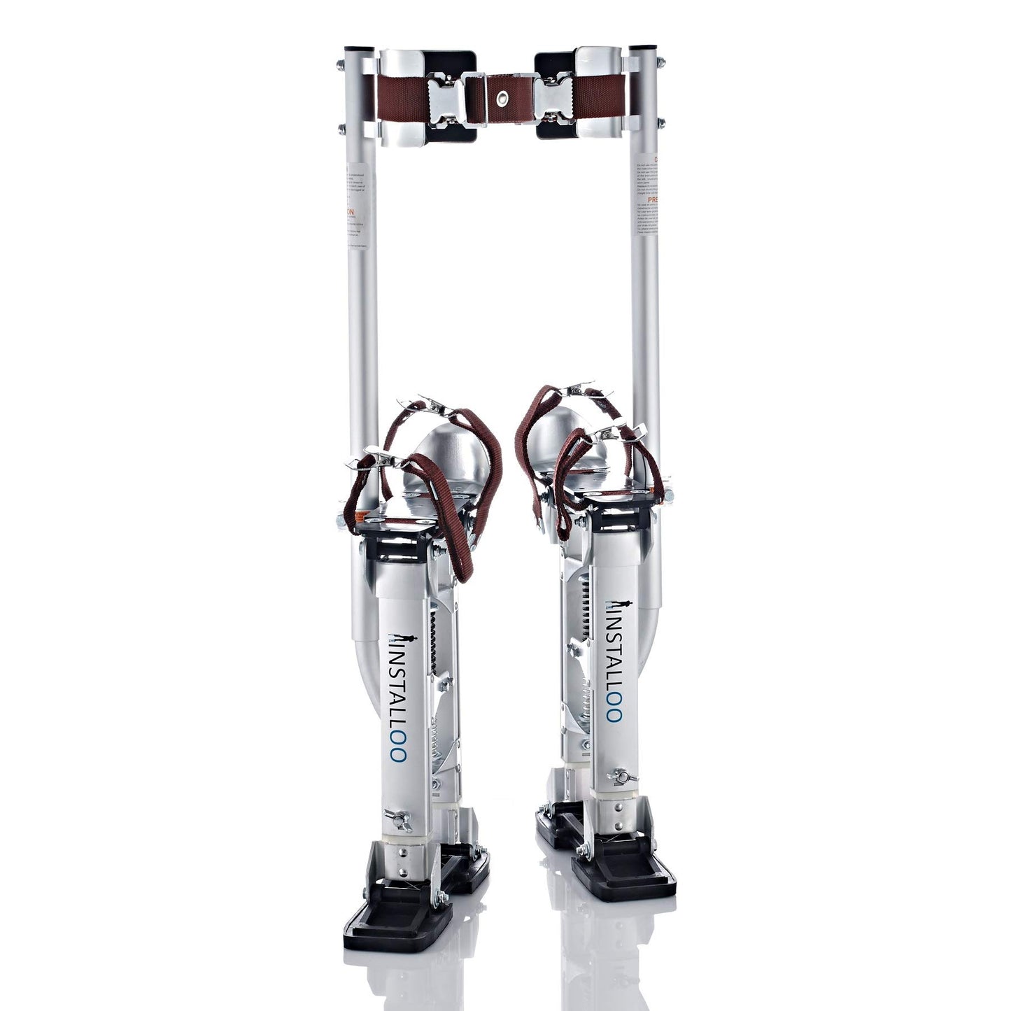 Installoo Consumer-Line Aluminum Drywall Stilts for professional drywall work. Adjustable stilts suitable for farmers, builders, and painters. Adjustable height with 4 springs ranging from 60-100 cm. Size XL.