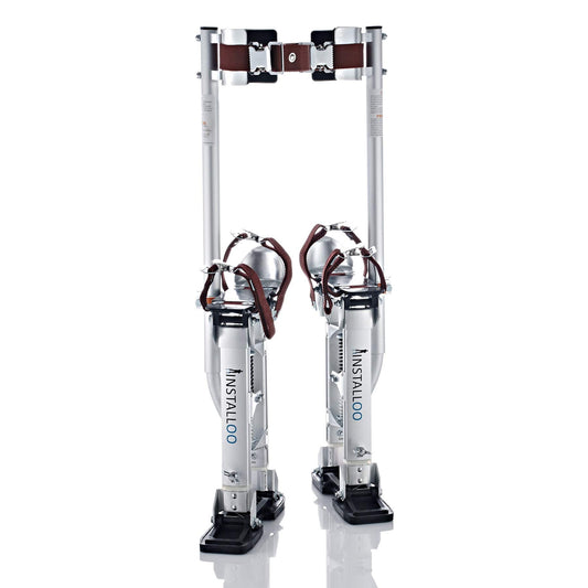 Installoo Consumer-Line Aluminum Drywall Stilts for professional drywall work. Adjustable stilts suitable for farmers, builders, and painters. Adjustable height with 4 springs ranging from 60-100 cm. Size XL.