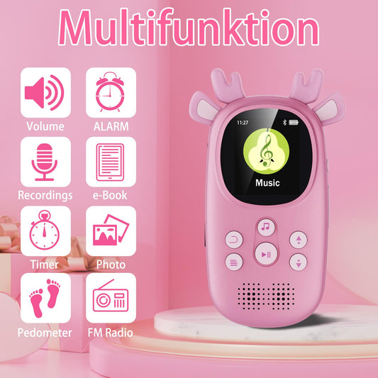 CCHKFEI 32GB MP3 Player Kids Bluetooth 5.3 Music Player, Bluetooth MP3 Player with Headphones & Speaker with FM Radio, Support One-Button Playback Recordings, Pedometer, Stopwatch