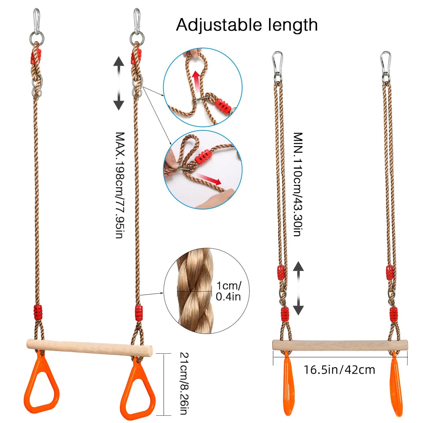 PELLOR Multifunctional Kids Wooden Trapeze Swing with Plastic Gym Rings, supports up to 160KG.