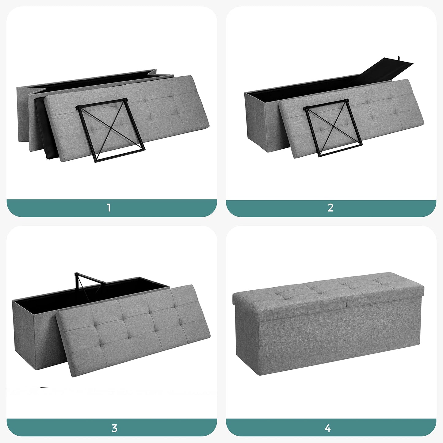 SONGMICS Storage Ottoman Bench, Folding Seat Chest, Storage Box, 14.96 x 43.3 x 14.96 inches, Lid Foldable, Supports up to 660 lbs, for Entryway, Living Room, Bedroom, Ash Gray LSF71G
