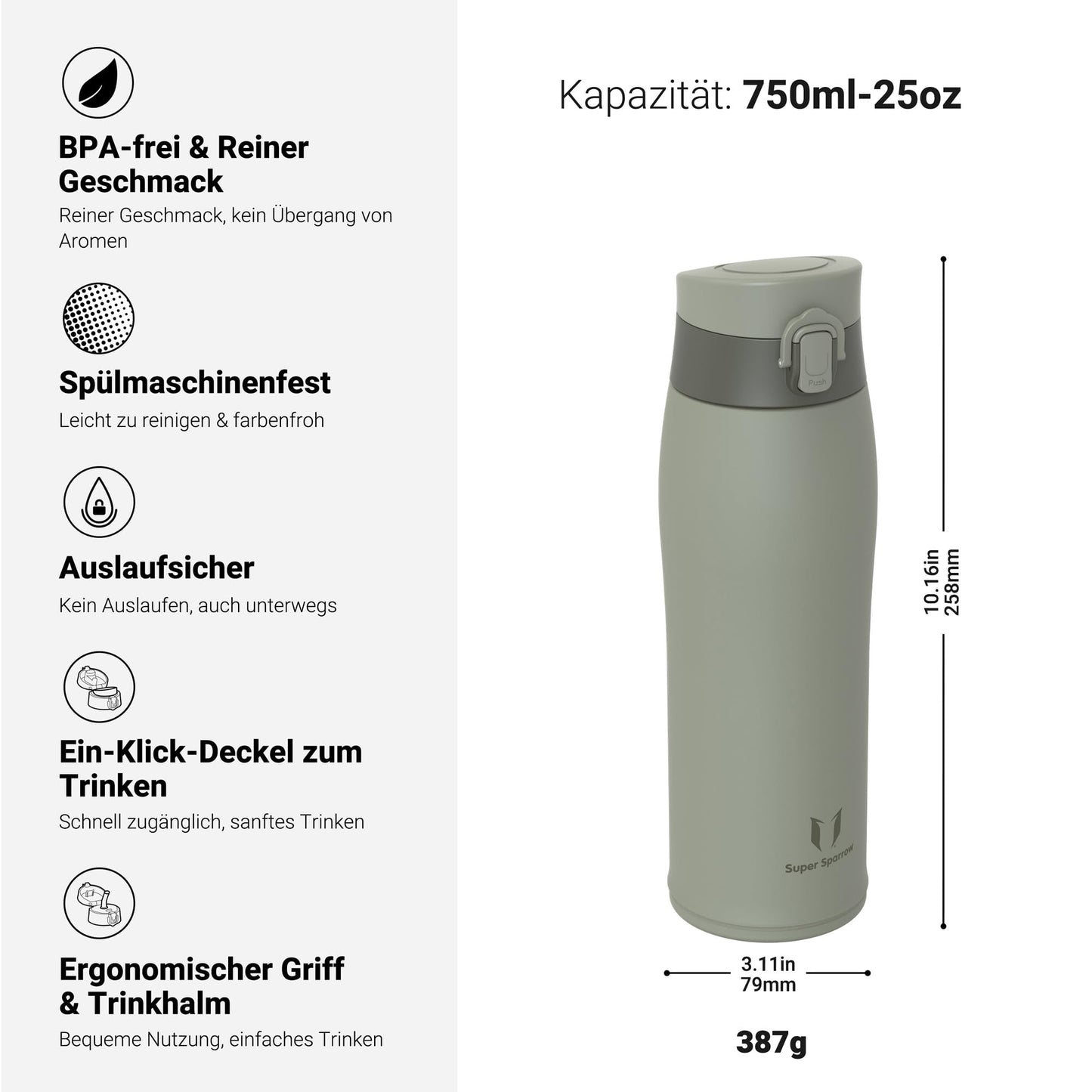 Super Sparrow Stainless Steel 18/8 Water Bottle - Drinking Cup - 750ml - BPA-Free, Leakproof Thermos Flask, Water Bottles for Sports, On the Go, School, Outdoor, Office, Home