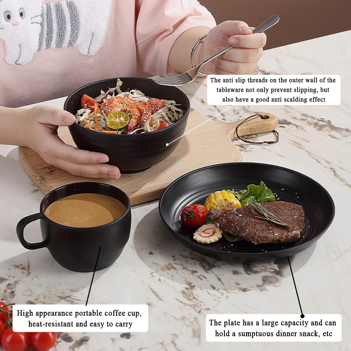 Mountain country camping cutlery set of 2 pieces, reusable cutlery sets with knife, fork, spoon, cups and plates, and bowls, portable travel cutlery set, easy to clean, dishwasher safe.