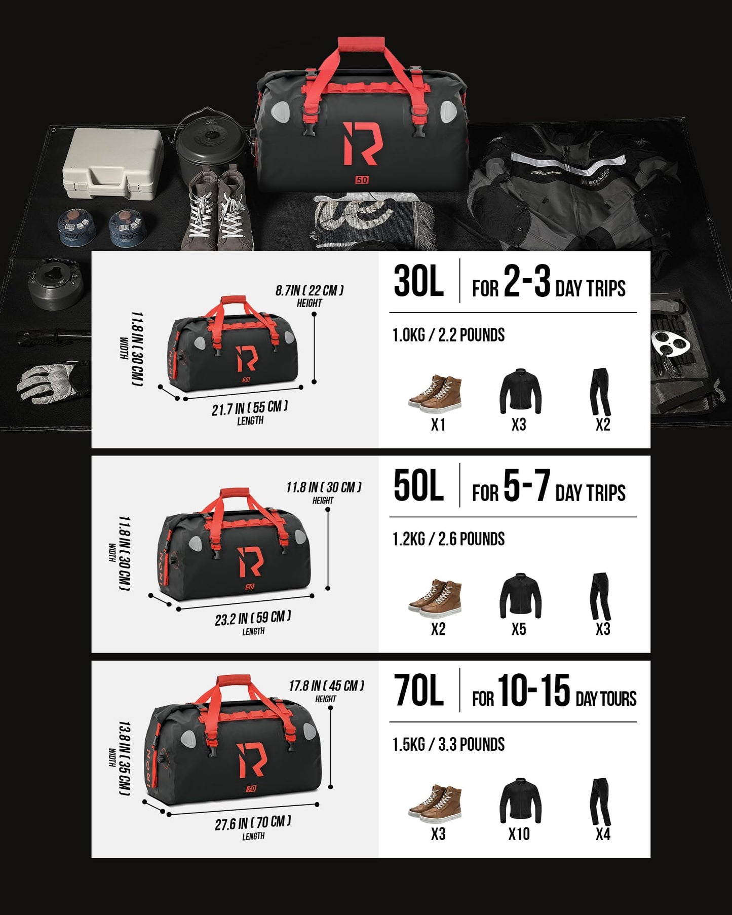 BORLENI Motorcycle Tail Bag Luggage Roll waterproof 70L - Premium motorcycle bag with roll-top, reflectors & MOLLE system, as a travel bag/saddlebag for touring, camping & outdoor.