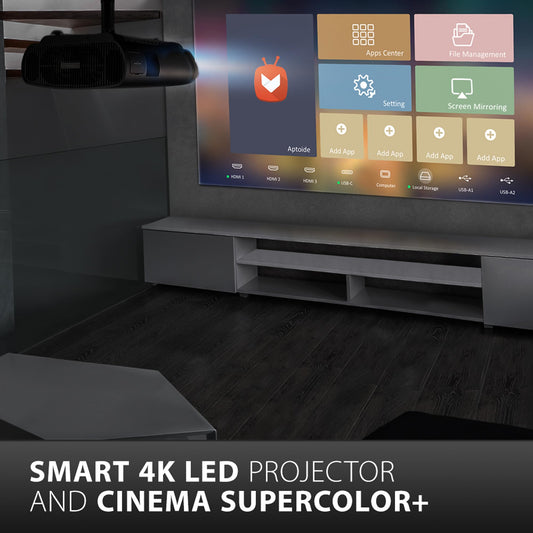 ViewSonic X100-4K UHD Home Theater LED Projector (4K, 2,900 Lumens, Rec. 709, HDR, 4x HDMI, USB, WLAN connectivity, 2x 20W speakers, 1.2x optical zoom, lens shift) in black.