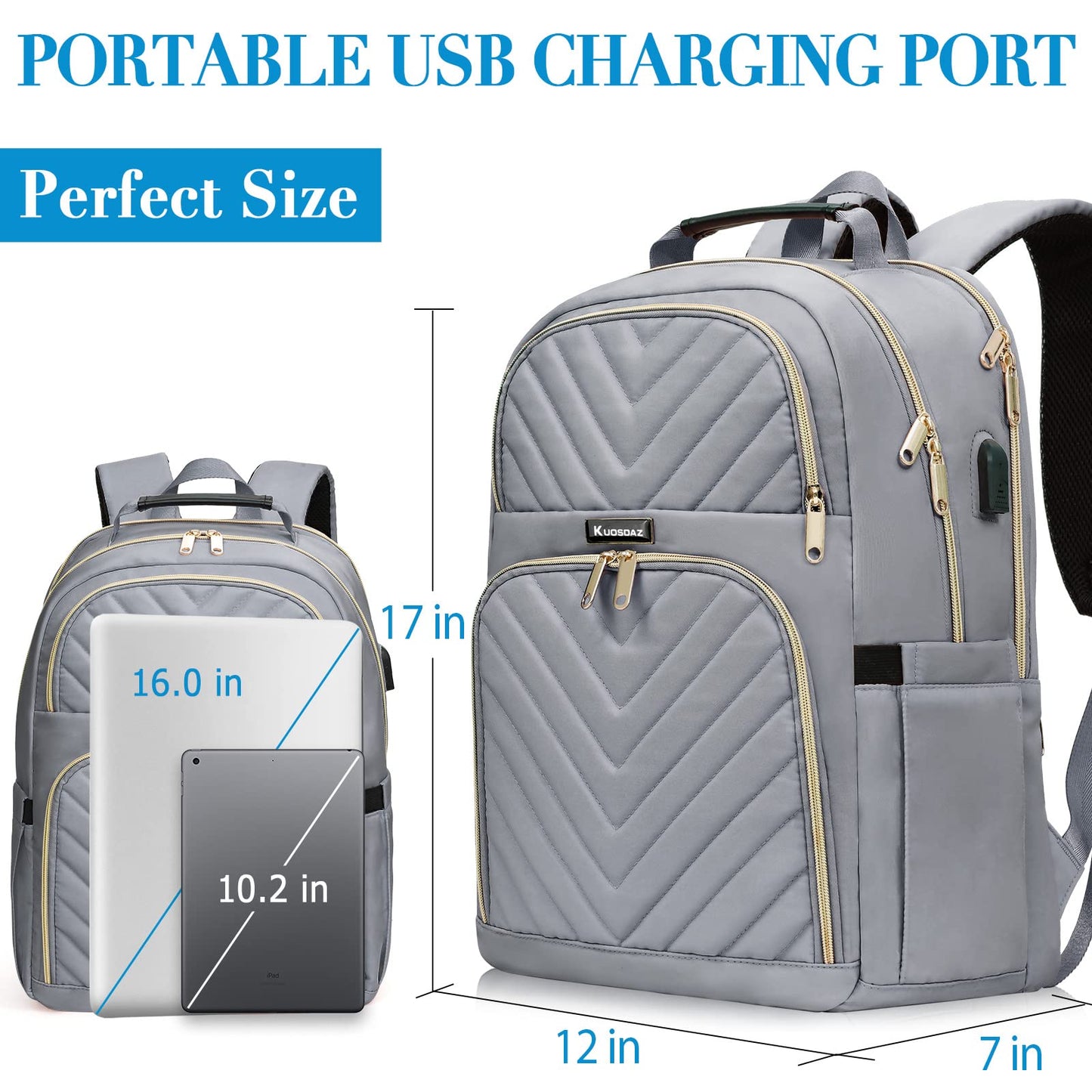 Kuosdaz Backpack Women 15.6 Inch, School Backpack Girls Teenager, with USB Charging Port for Laptop Work Waterproof Backpack, University, Travel, Business, Everyday, Women, School, Gray