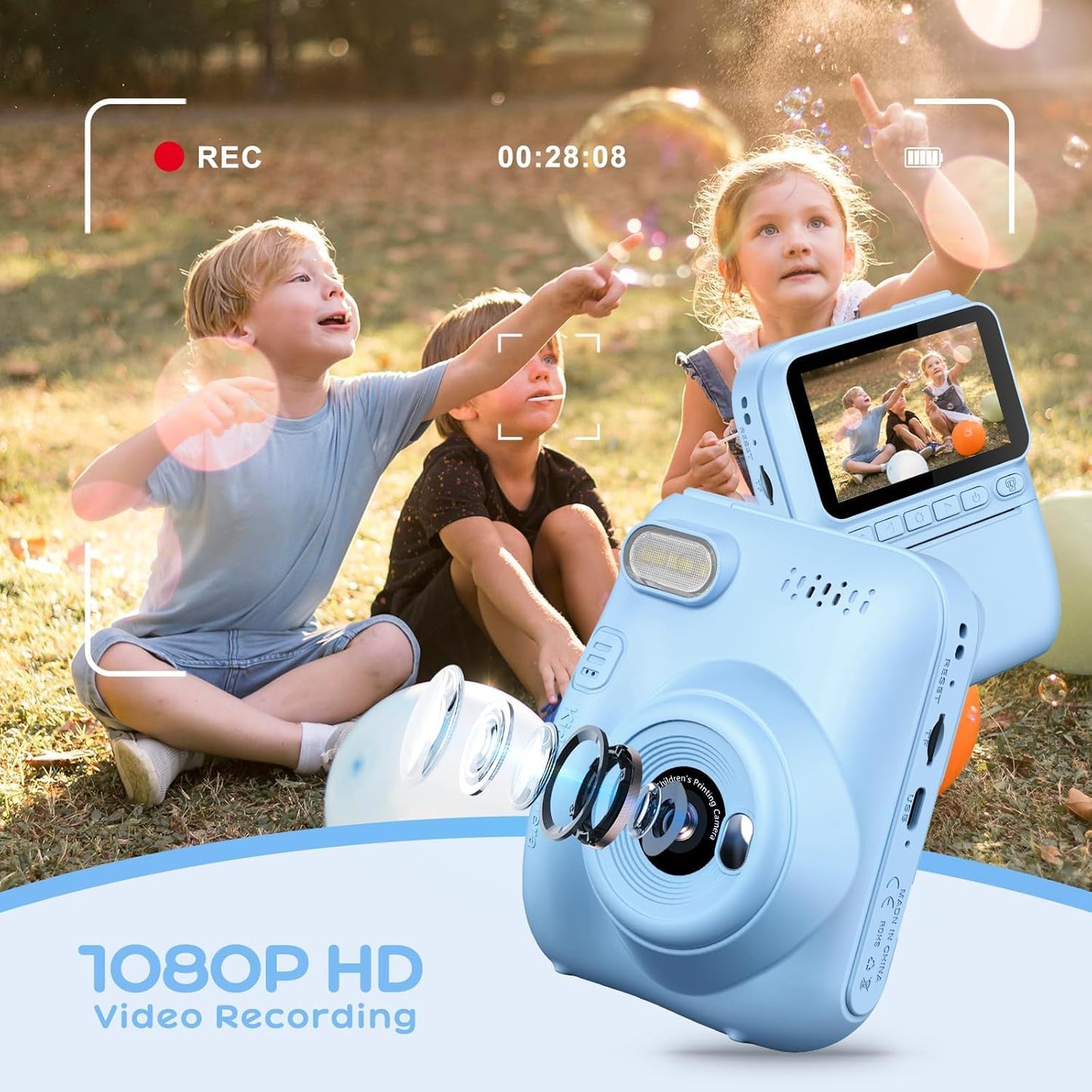 GREENKINDER Instant Camera for Kids,14MP 3.0 Inch Screen Kids Camera Instant Camera with 32G Card,Printing Paper & Colored Pens,1080P Kids Camera Instant Print, 3-12 Years
