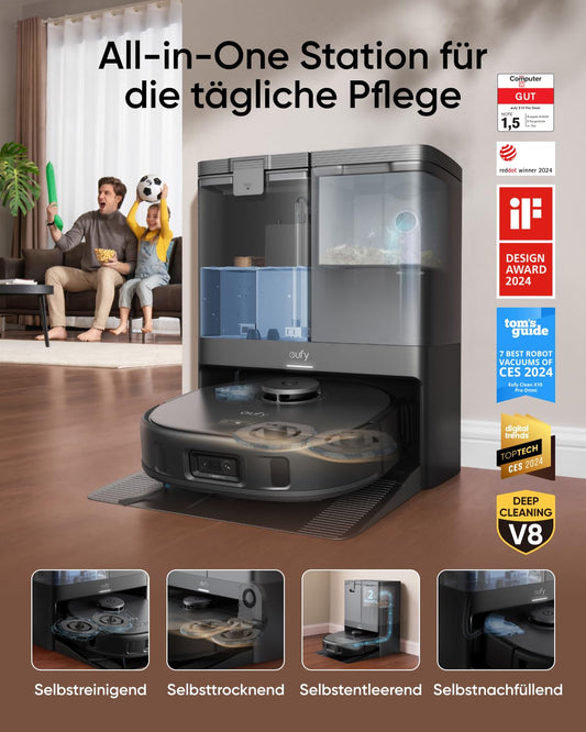 eufy X10 Pro Omni Robot Vacuum with Mop & Dustbin, 8,000Pa suction power, Auto-Dust Collection/Refilling, 2× Auto-Lift-Mop with Auto-Wash/Dry, Active obstacle avoidance, Child lock