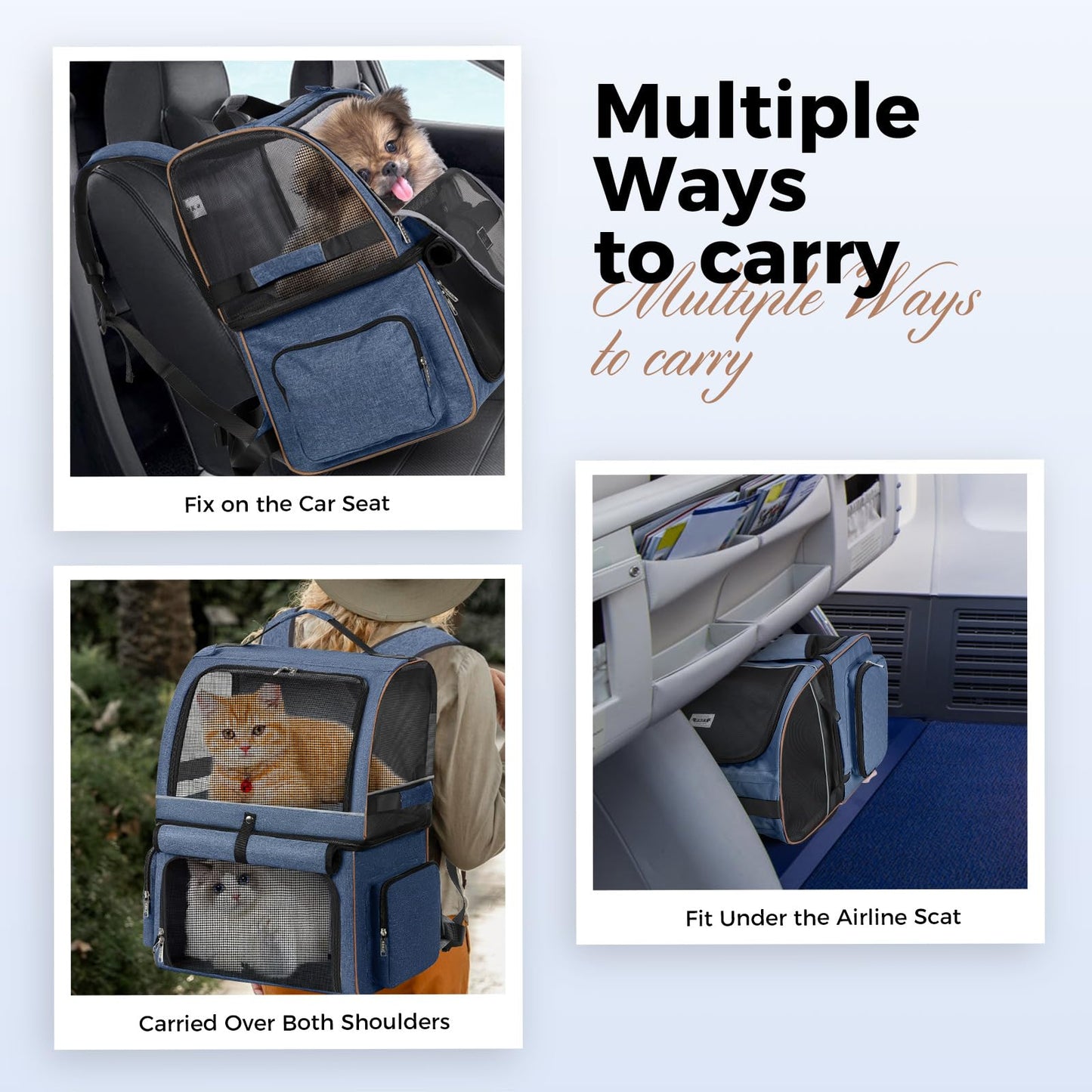 LekeSpring Double-Layered Cat Backpack for 2 Cats Large Cat Carrier Backpack Foldable Pet Backpack for Cats Dogs up to 11kg - Blue
