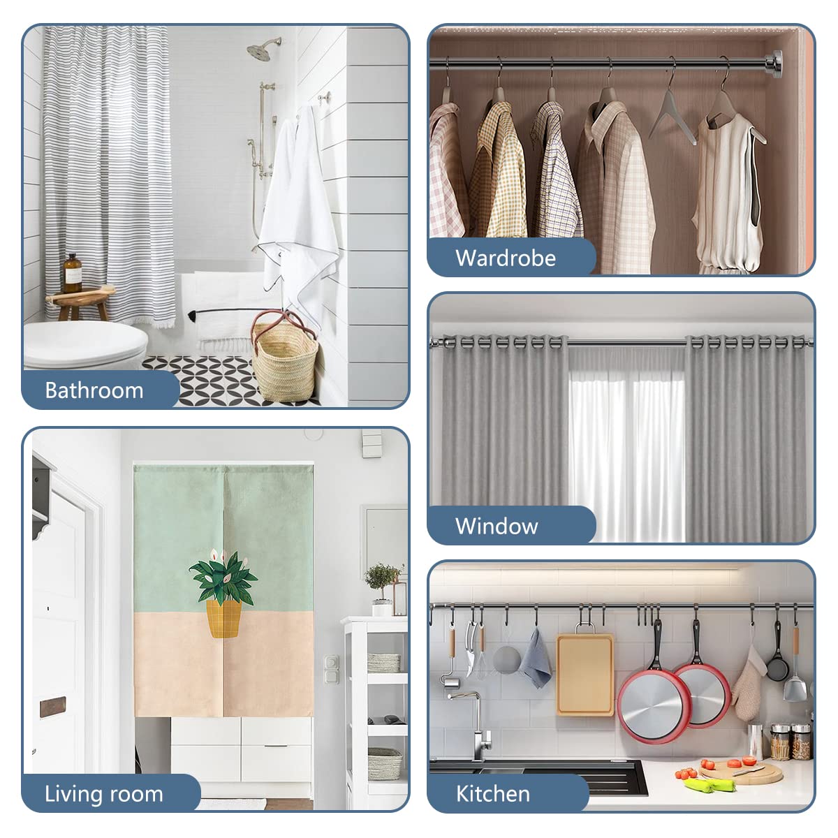 Telescopic stainless steel shower curtain rod 65-100cm, strong hold without drilling, silver clothes rod.