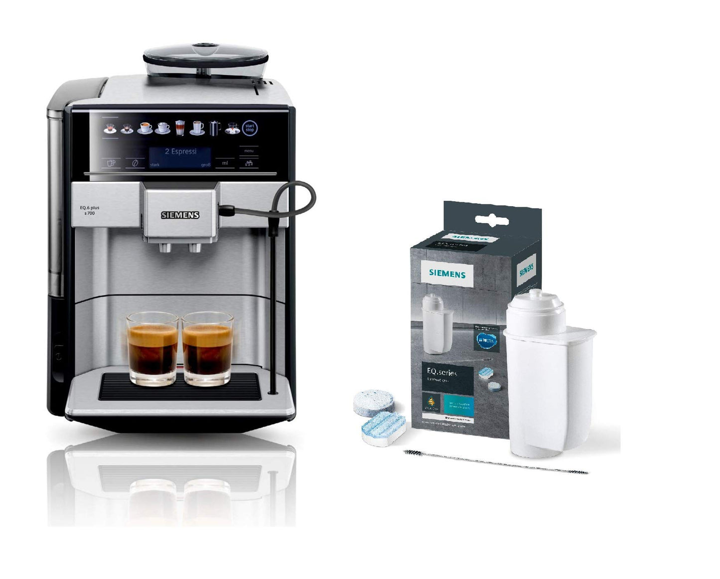 Siemens EQ.6 plus s700 automatic coffee machine TE657503DE, automatic cleaning, direct selection + maintenance set TZ80004A, optimal cleaning, thorough descaling, for coffee machines of the EQ.series.