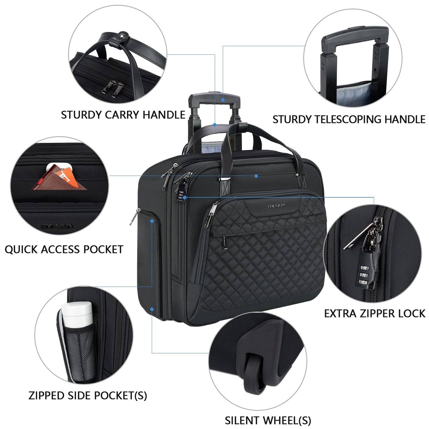 EMPSIGN Trolley Business Rolling Laptop with wheels, Rolling laptop bag for women fits up to 15.6 inch laptop, Rolling briefcase on wheels, Water resistant, with RFID pockets, black