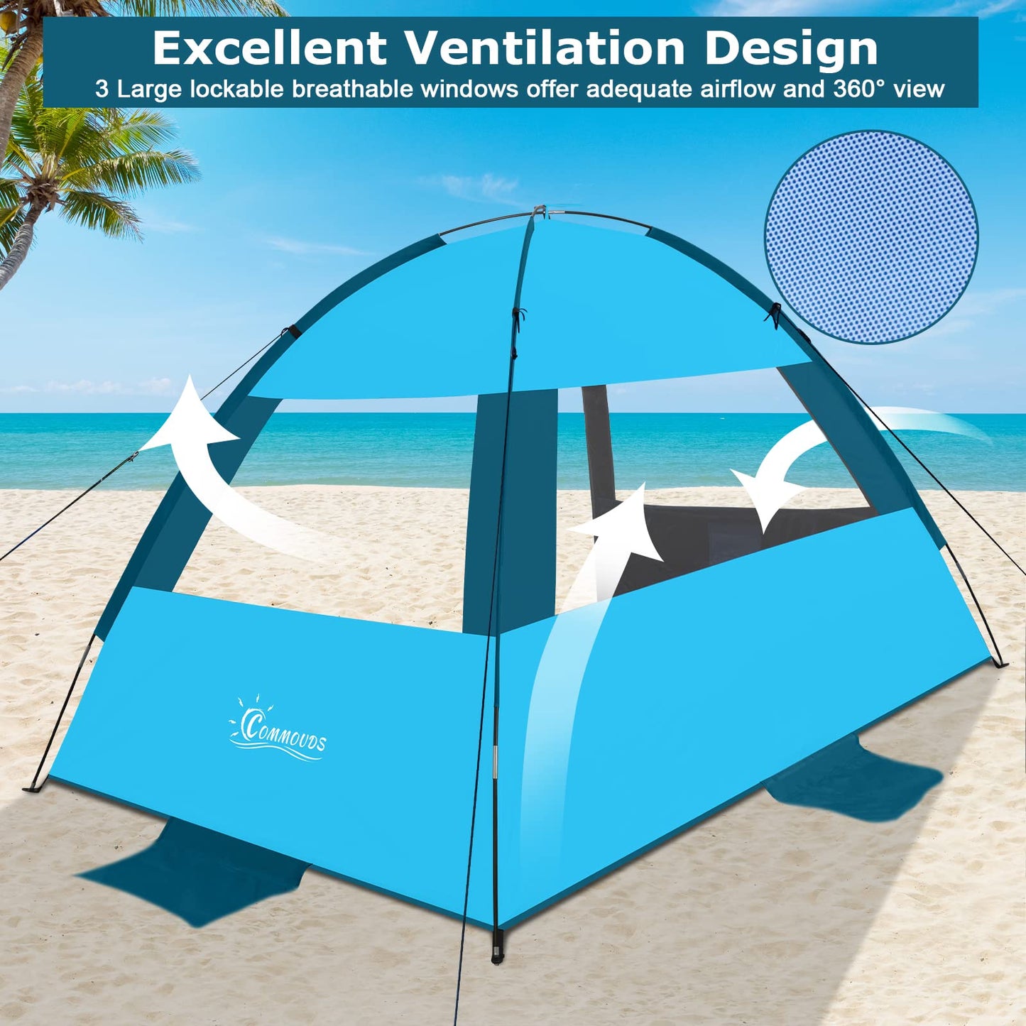 COMMOUDS beach tent for 4-6 people, UPF 50+ beach sun shelter with dark canopy, beach umbrella Lightweight, Easy to Set Up And Carry Beach tent