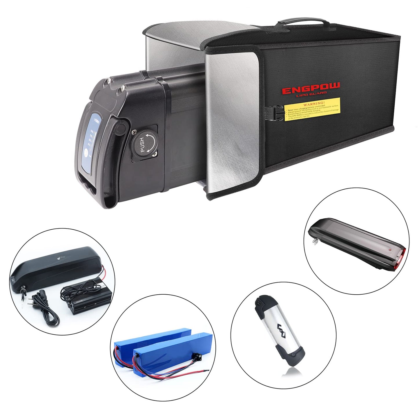Ebike battery bag, fireproof up to 2000°F, organizer 45 x 15 x 20 cm, shockproof safety storage and transport for e-bike battery with Velcro and buckle.