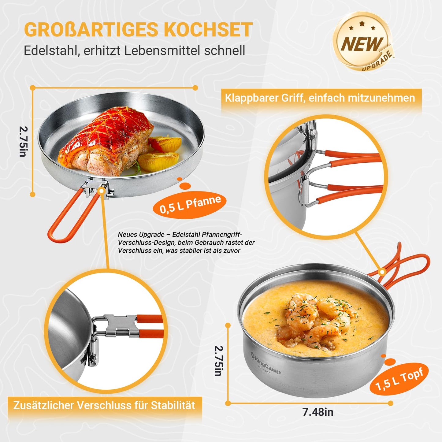KingCamp Camping Cookware Set, Cookset Dishes Set, Stainless Steel Cooking Pot for 3-4 People, Outdoor Cooking, Picnic, Hiking.