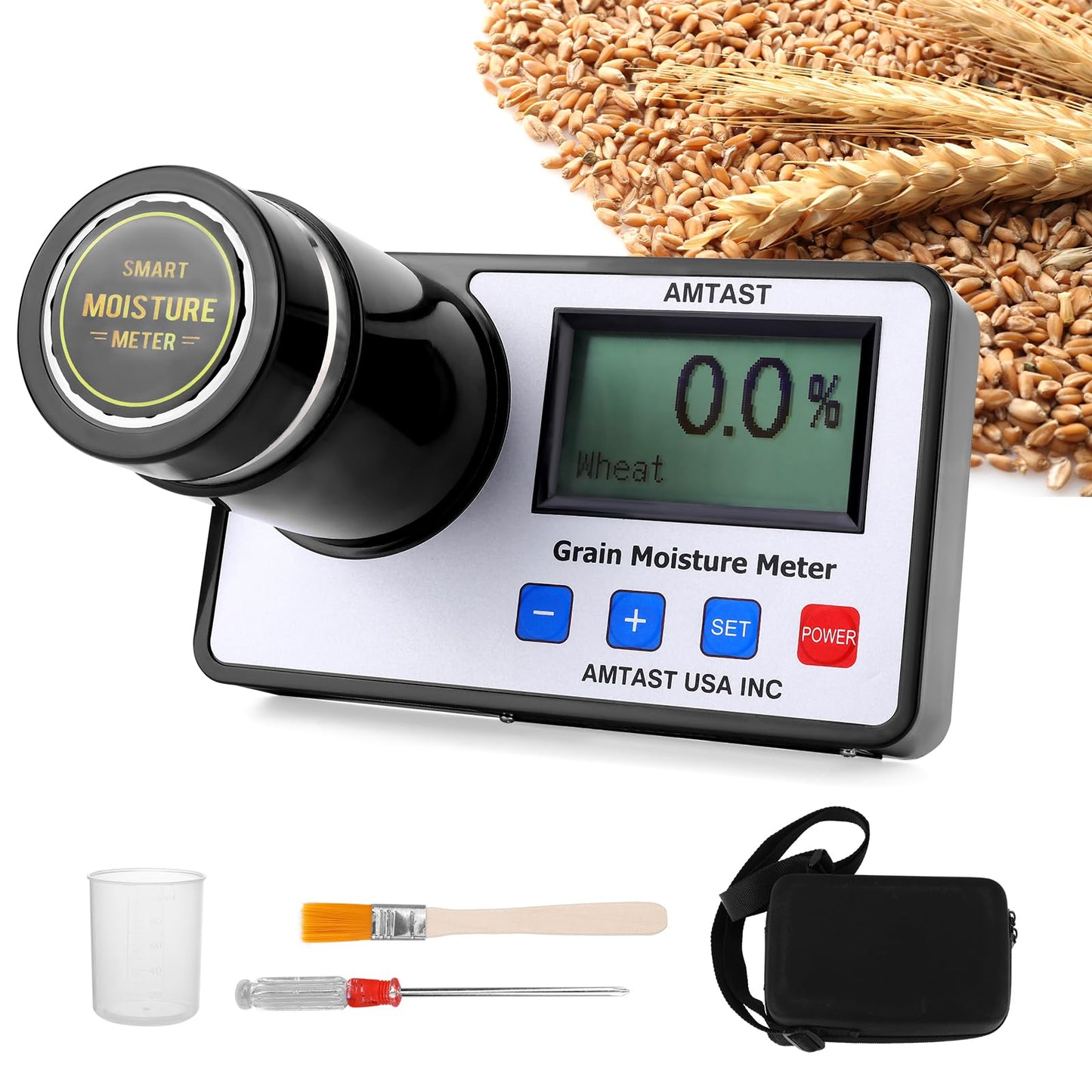 AMTAST Grain Moisture meters for 22 grains: wheat, corn, coffee, cocoa beans, flaxseed, soybeans, rice, almonds, peanuts, parchment coffee, sesame, sorghum, canola, barley.